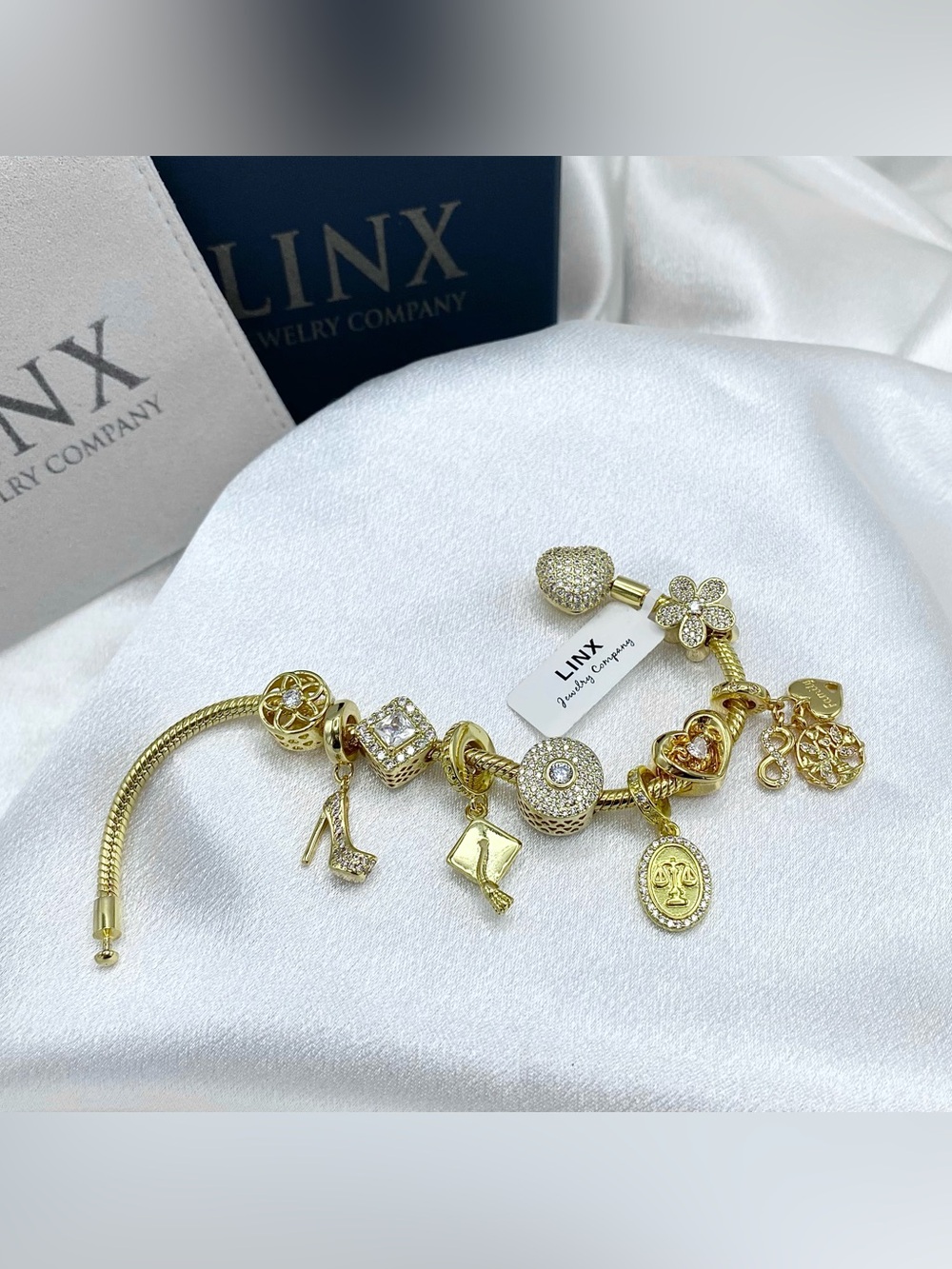 Linx Yellow Gold Snake Chain Charm Bracelet with Lawyer Themed Charms